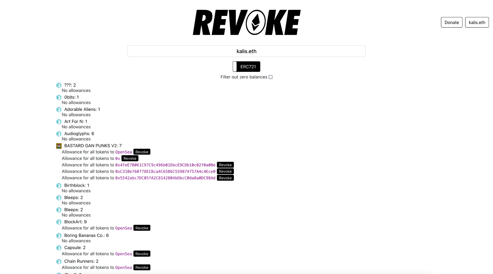 Revoke.cash ERC721 / NFT support